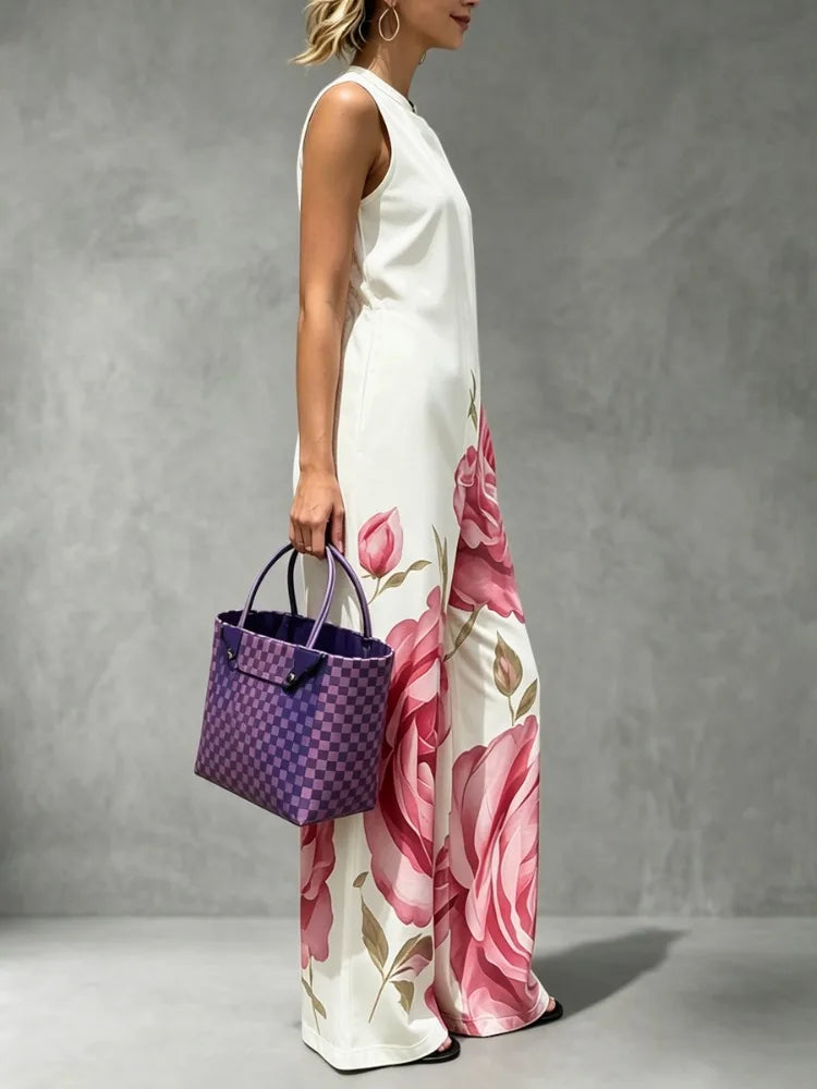Polyester Elastane Floral Jumpsuit — Black | KIMLUD