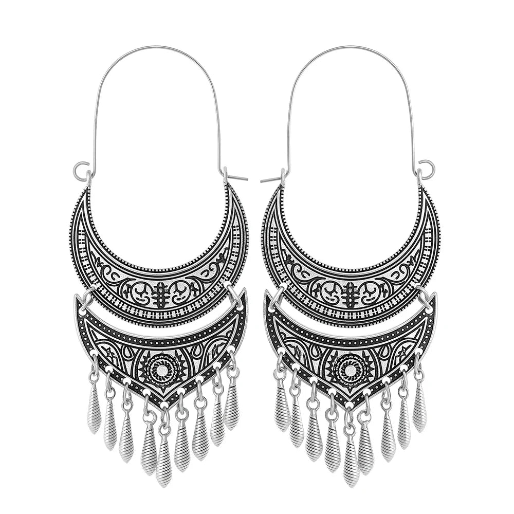 Tassel Drop Earrings – Crescent Moon Carving – Zinc Alloy – Silver | KIMLUD