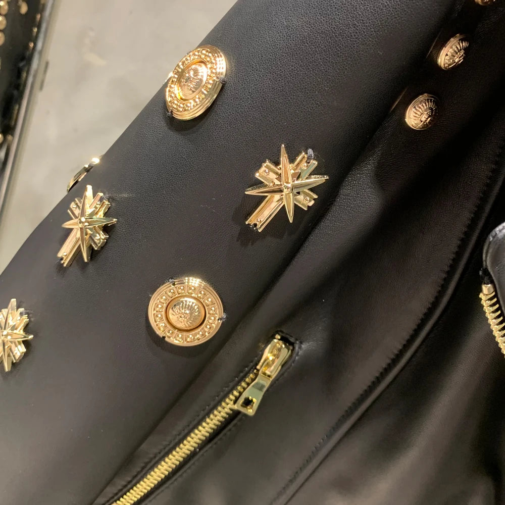 Genuine Sheepskin Leather Jacket Rivet — Black | KIMLUD