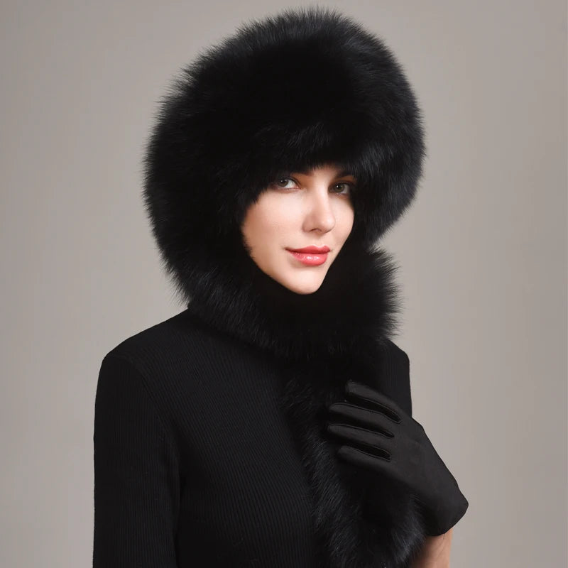Real Fox Fur Hat With Rabbit Fur Top — Black | KIMLUD