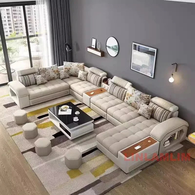 U-Shaped Sectional Fabric Sofa With Storage And Built-In Side Table — Gray | KIMLUD