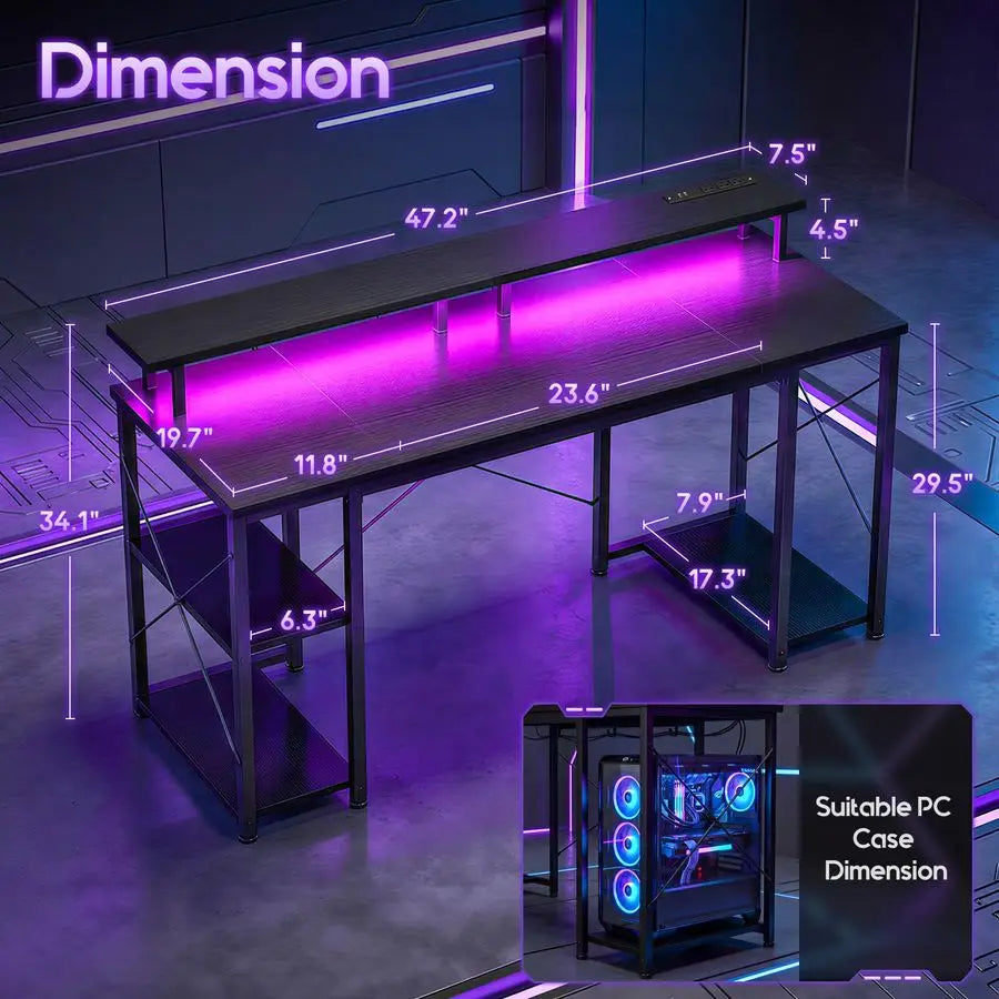 48 inch Gaming Desk with LED Lights amp Power Outlets, Computer Desk with Monitor Stand amp Storage Shelves, CPU Stand, Home Of