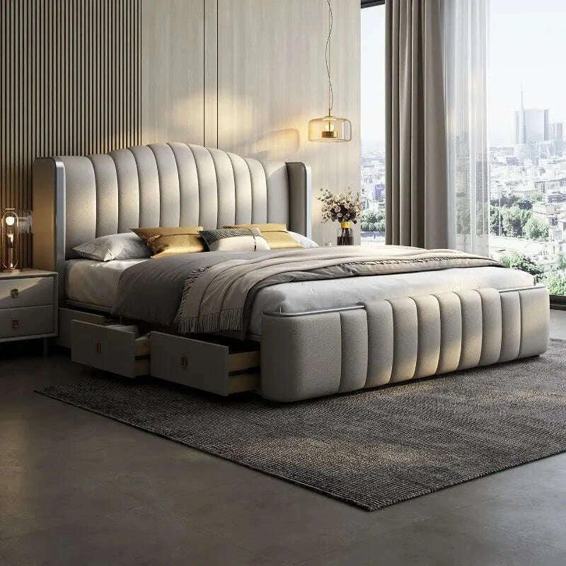 KIMLUD, Design Simple Italian Type Bed Cowhide Luxurious Standing Sleeping Bed Double Wedding Camas De Matrimonio Dormitorio Furnitures, KIMLUD Womens Clothes