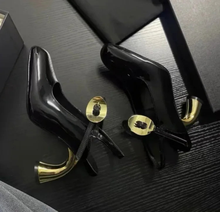 Leather Cross Strap Irregular Heel Sandals — Black | KIMLUD