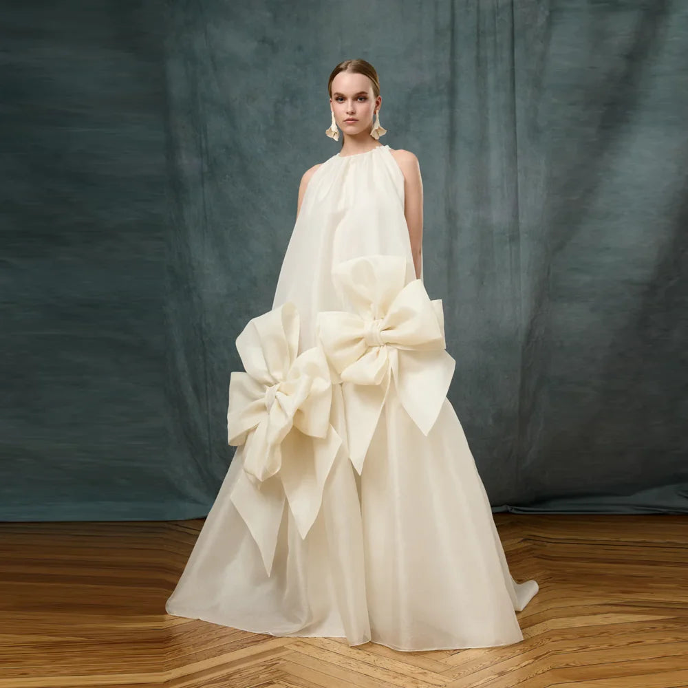 Couture Pretty Beige Organza Losse Long Formal Dresses With Big Handmade Flower Bridal Gowns Wedding Dress