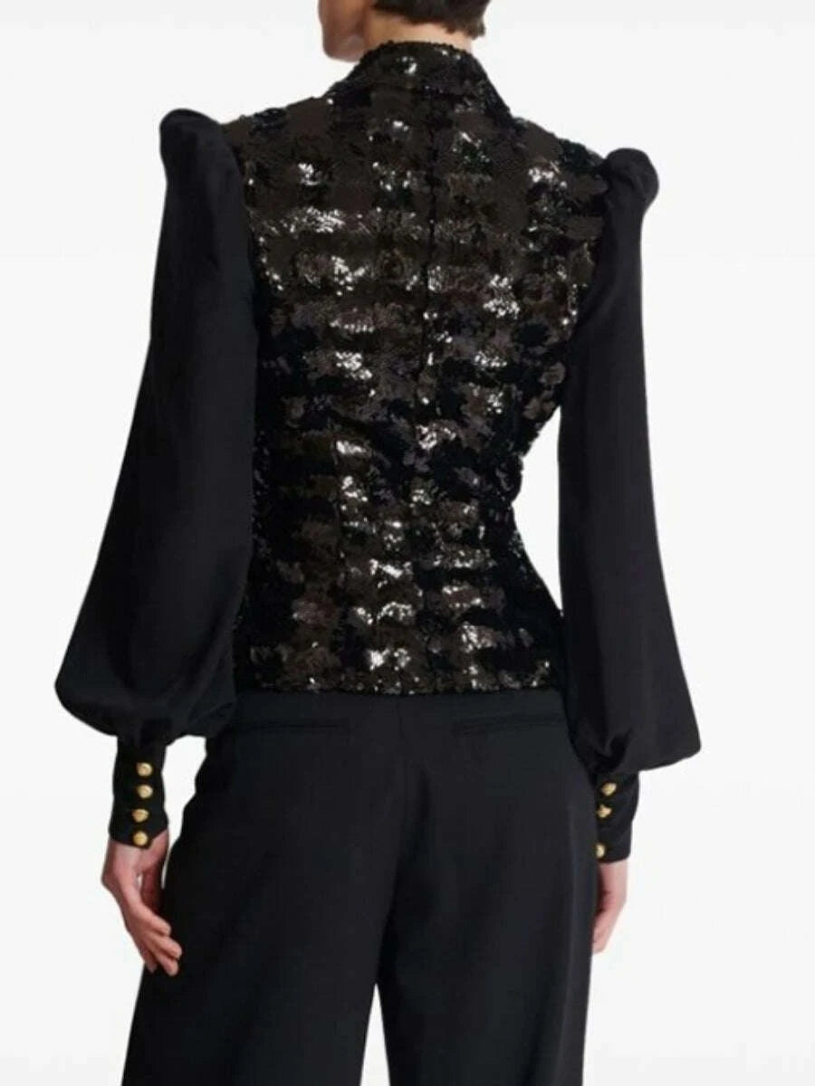 KIMLUD, TWOTWINSTYLE Fashion Slimming Spliced Sequins Blazers for Women Lapel Long Sleeves Tunic Patchwork Metal Buttons Blazer Female, KIMLUD Womens Clothes