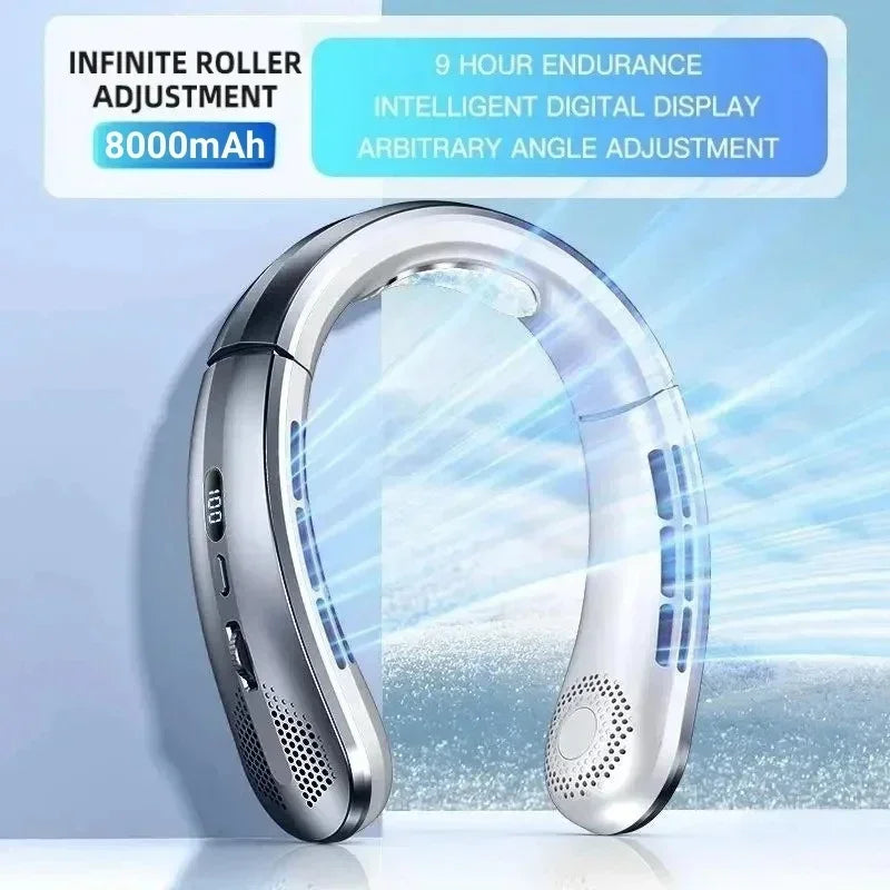 Bladeless Hanging Neck Fan USB Rechargeable 8000mAh LED Display — White | KIMLUD