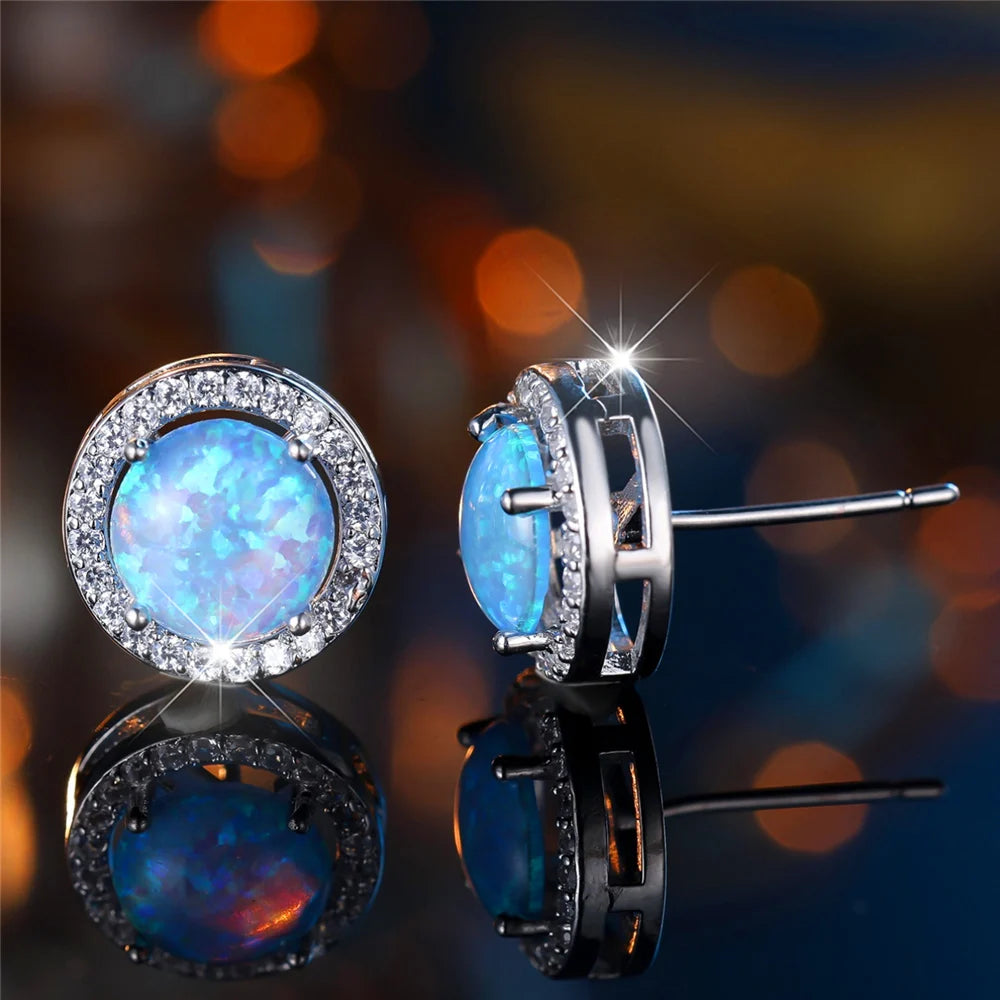 Crystal Opal Stud Earrings Round Stone — Silver | KIMLUD