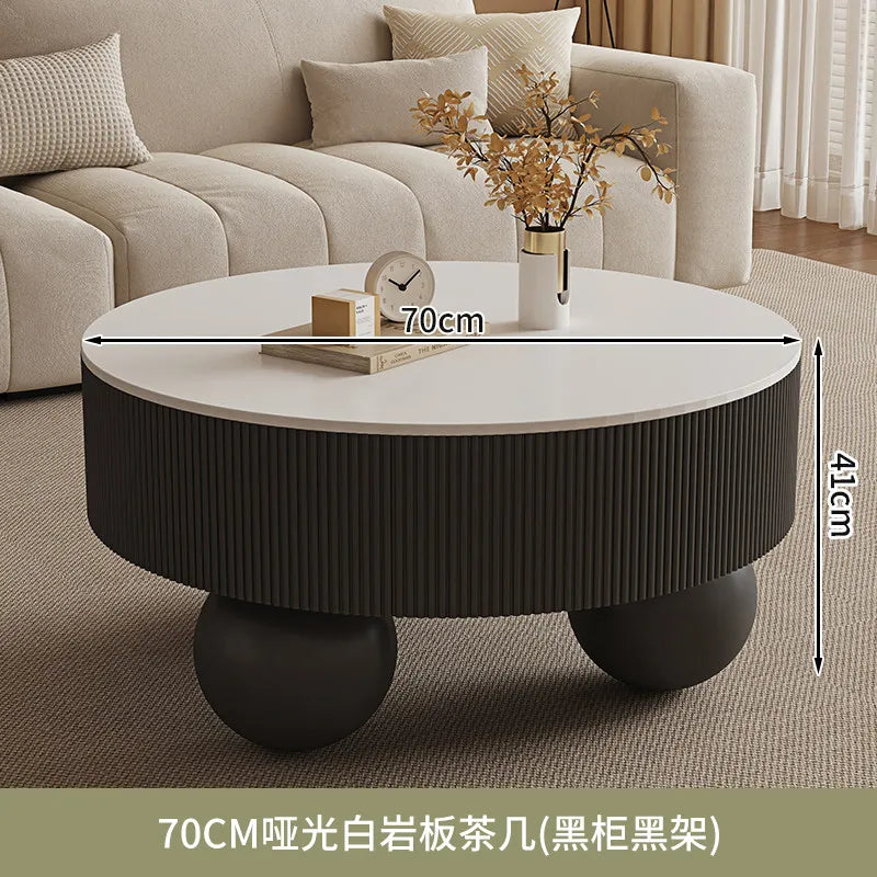 Minimalist Round Coffee Table With Storage Drawers — Ivory White | KIMLUD