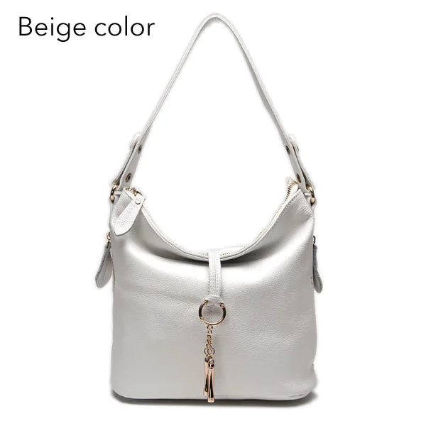 Genuine Leather Hobo Bag With Ring Accent — Red | KIMLUD