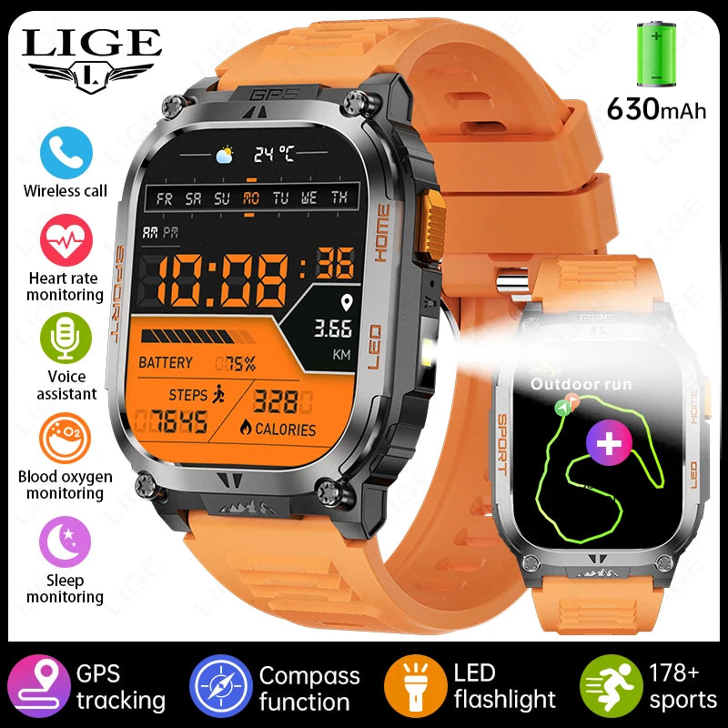 LIGE New GPS Tracking Smart Watch LED Flashlight 1.96inch HD Screen Compass BT Call Waterproof Sport Smartwatch For Android iOS