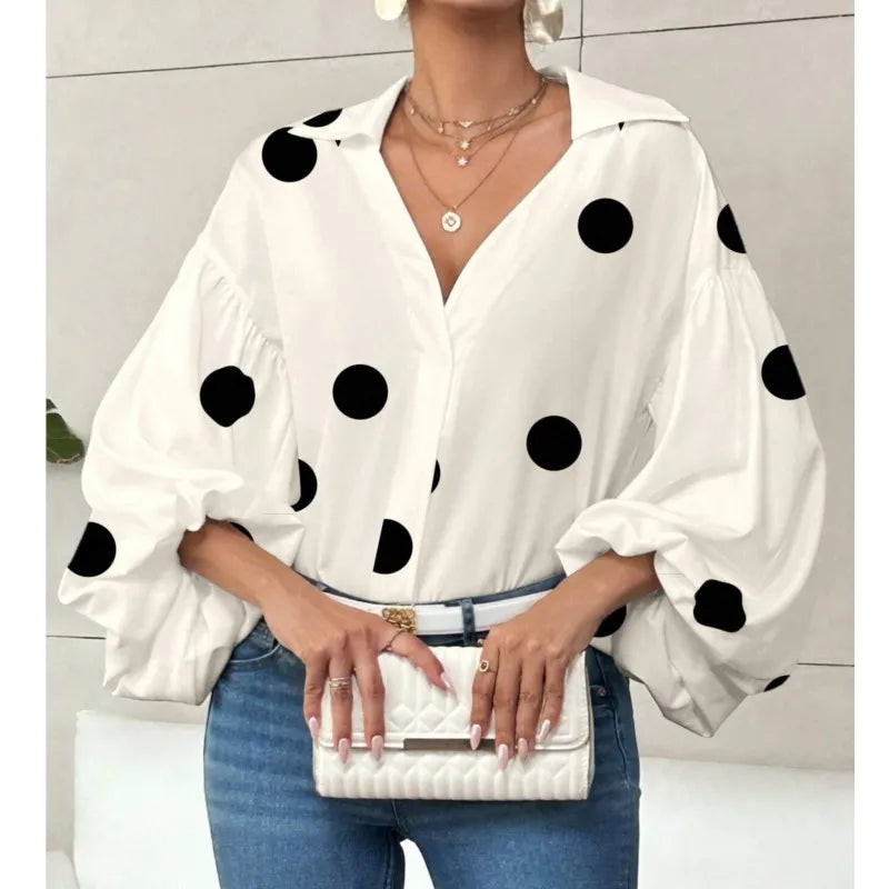 Boho Puff Sleeve Polka Dot Blouse — White | KIMLUD