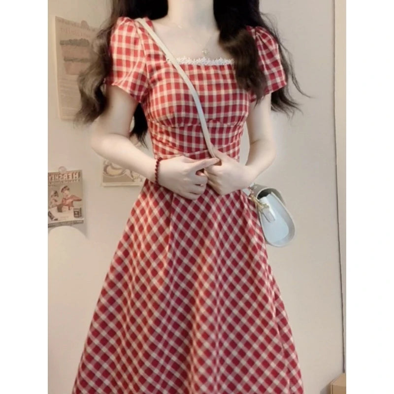 Soft Cotton Blend Plaid A-Line Dress — Red | KIMLUD
