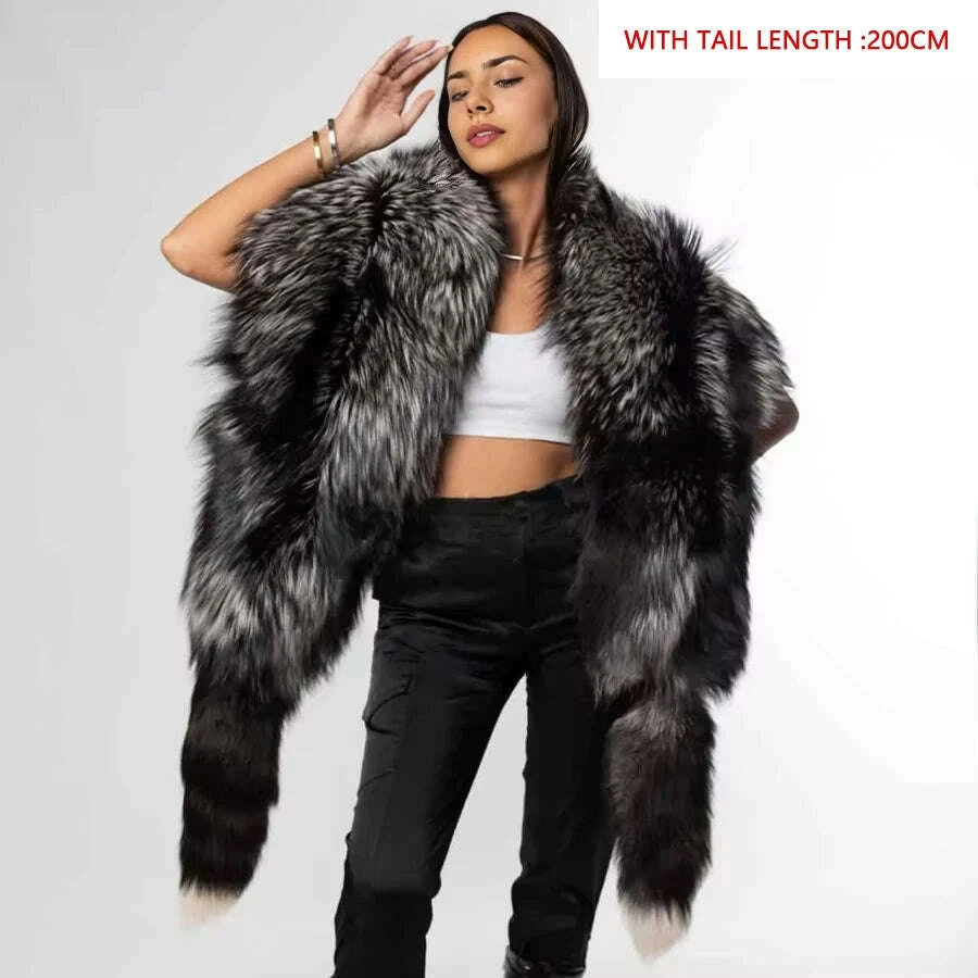 KIMLUD, Real Silver Fox Fur Coat For Women Real Long Fox Fur Cape With Tails Real Fox Fur Shawl Best Selling Natural Fur Jacket, KIMLUD Womens Clothes