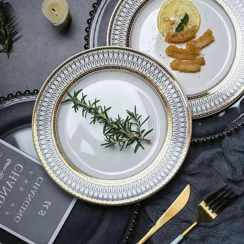 Ceramic European Style Dessert Plate With Gold Rim And Subtle Depth — White | KIMLUD
