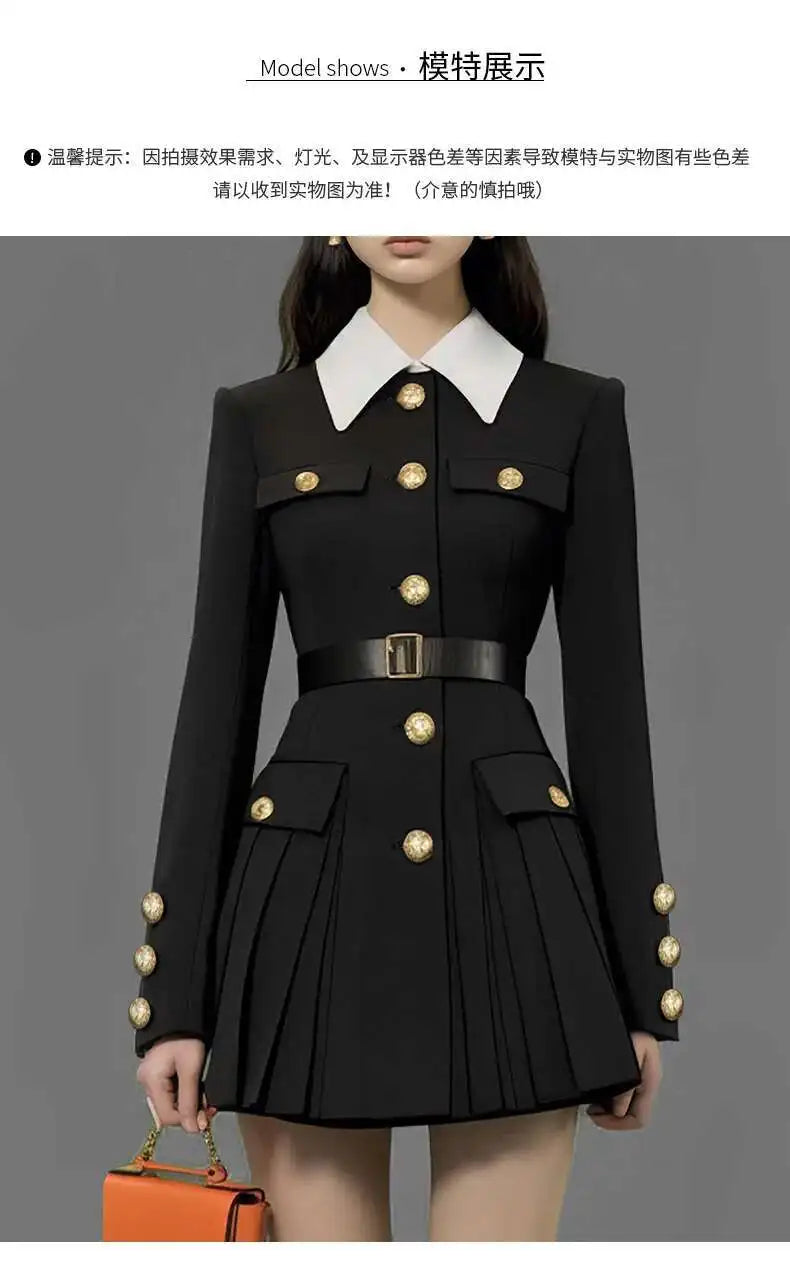 KIMLUD, Luxury Quality 2025 Spring Autumn Single Breasted Golden Button Long Full Sleeve Blazer Suit Coat Pleated Short Dresses Women, KIMLUD Womens Clothes