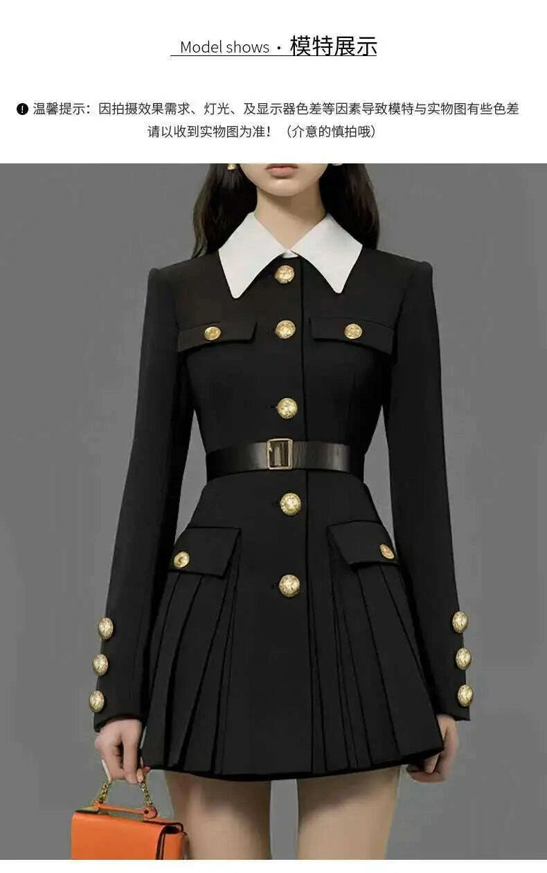 KIMLUD, Luxury Quality 2025 Spring Autumn Single Breasted Golden Button Long Full Sleeve Blazer Suit Coat Pleated Short Dresses Women, KIMLUD Womens Clothes