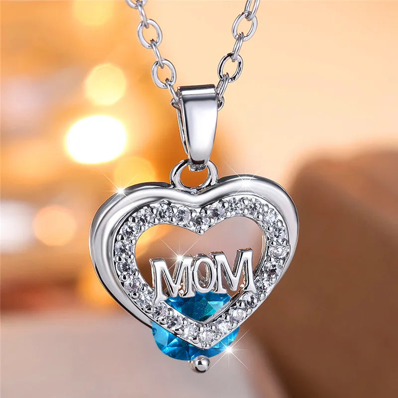 Crystal Luxury White Zircon Stone Heart Mom Letter Pendant Necklace Vintage Wedding Jewelry For Women Mother's Day Gift