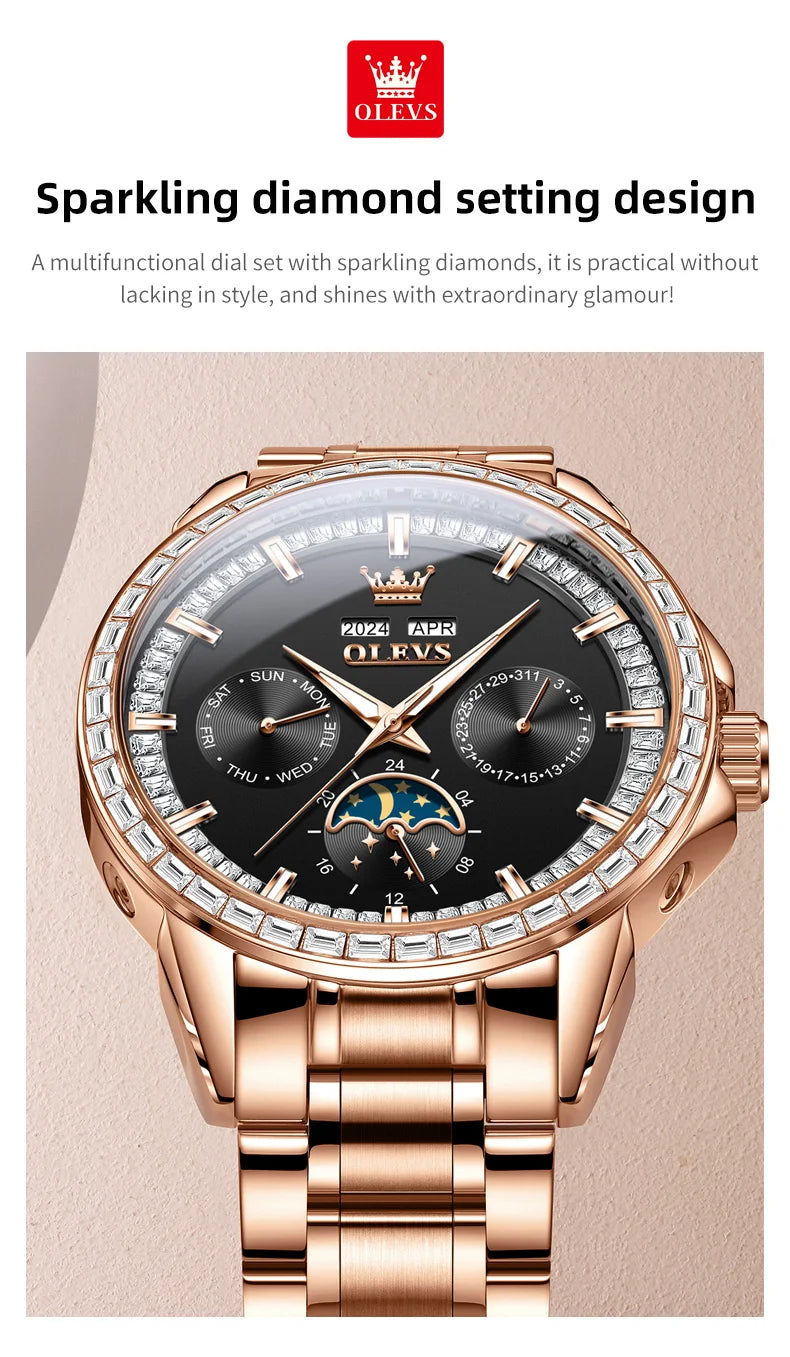 Rose-Gold Moon Phase Diamond Bezel Watch — Black | KIMLUD