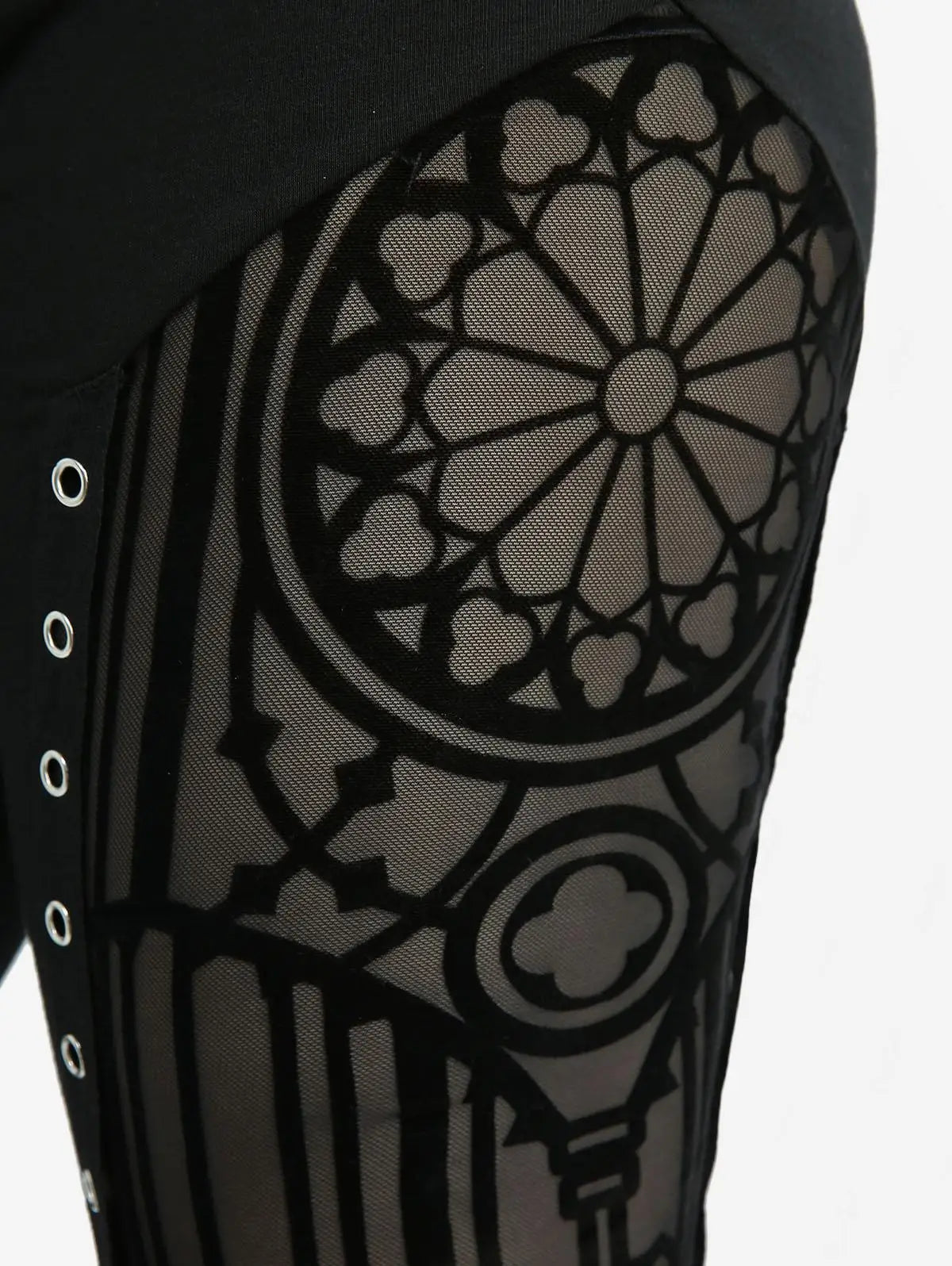 ROSEGAL Gothic Mesh Flocking Patchwork Lace-Up Skinny Pants For Women High Waist Trousers Black Leggings