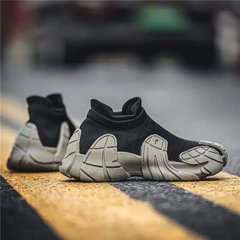 Breathable Air Mesh Sneakers Casual Slip-On With Tonal Gray Overlays — Black | KIMLUD