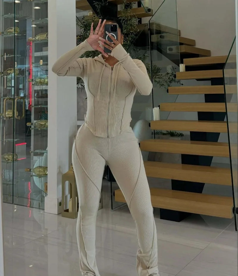 Two-Piece Zip Hooded Tracksuit Set - Slim Fit - Flare Pants | KIMLUD