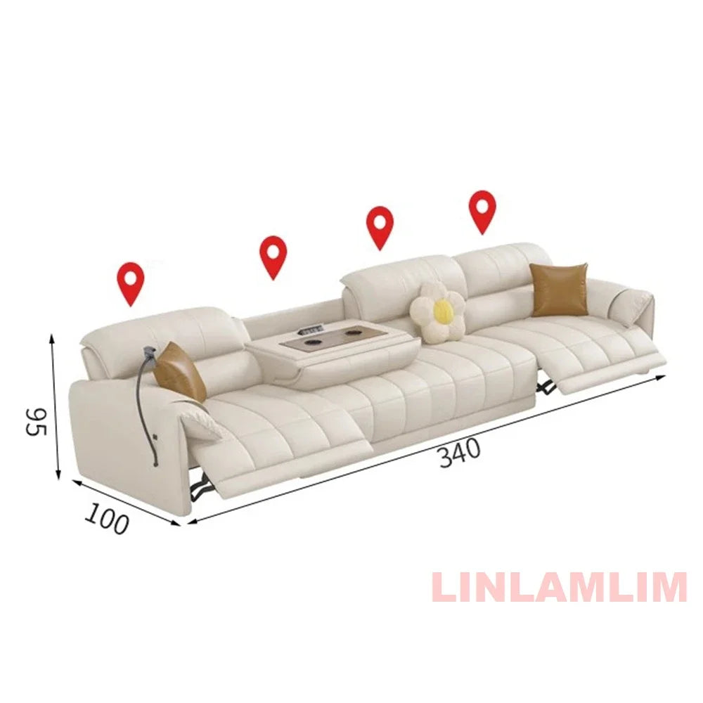Italian Genuine Leather Electric Reclining Sofa With Adjustable Footrest USB And Foldable Center Console — Caramel Tan | KIMLUD