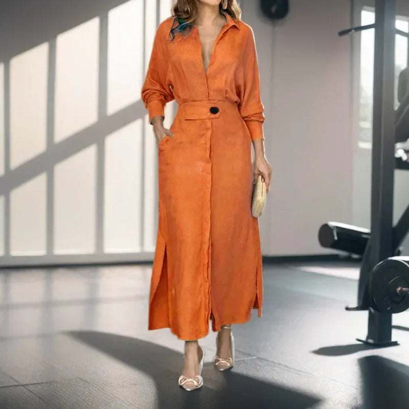 Women Fashion Solid Casual Dress Long Sleeve Office Lady Straight Minimalist Autumn Spring Vintage Elegant Midi Dress with Belt