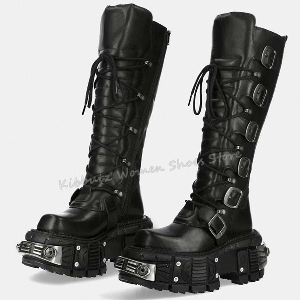 Rock Punk Motorcycle Boots Knee High Dark Style Round Toe Thick Bottom Genuine Leather Solid Color Fashion Sexy Women Shoes New