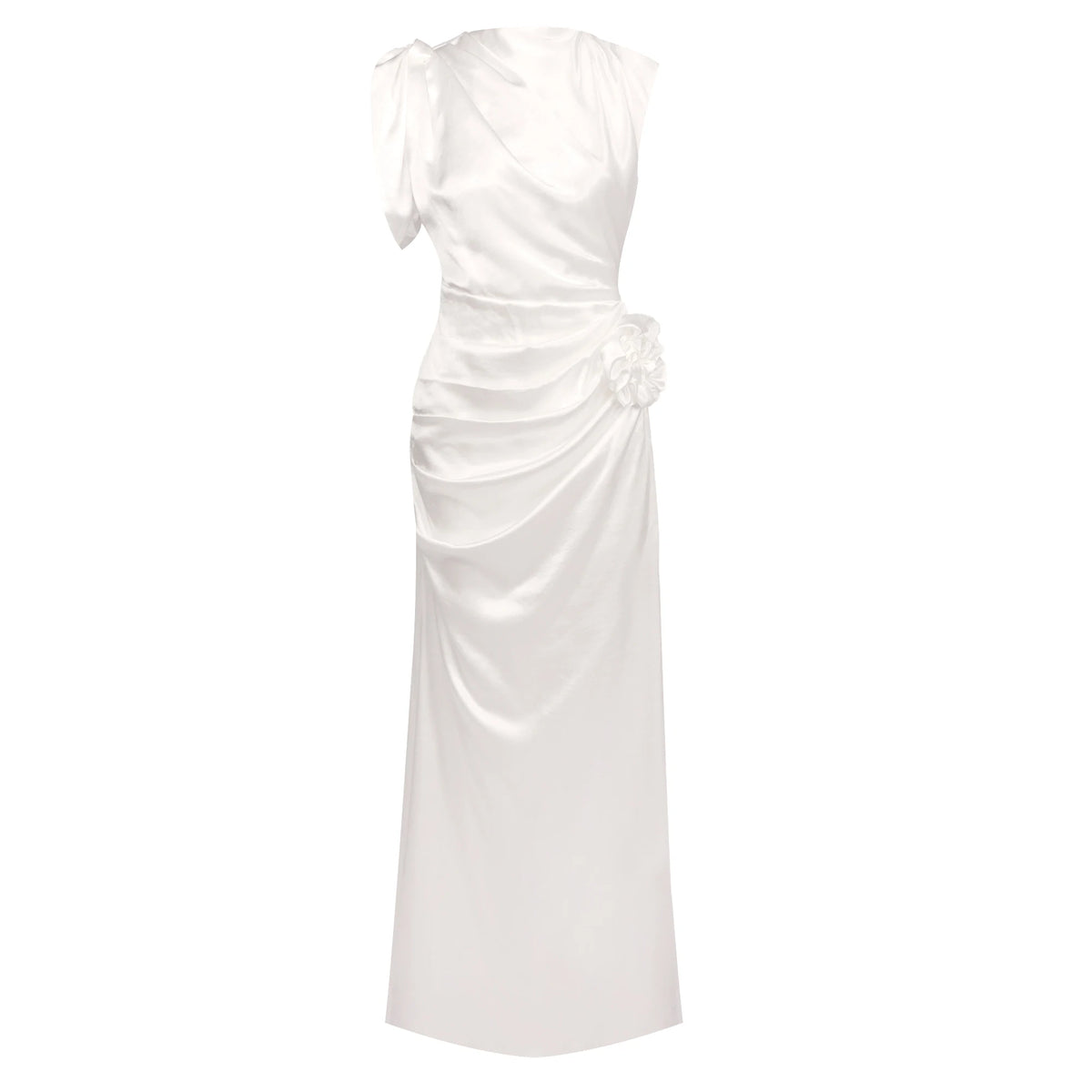Evening Dress – One Shoulder Draped Ruched – Satin – Champagne | KIMLUD