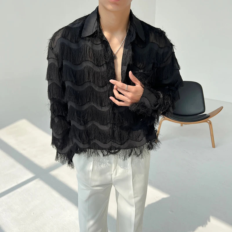 Tasseled Polyester Shirt Long Sleeve Fringe Draped — Black/White | KIMLUD