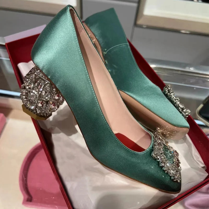Satin Rhinestone High Heels Square Toe — Champagne | KIMLUD
