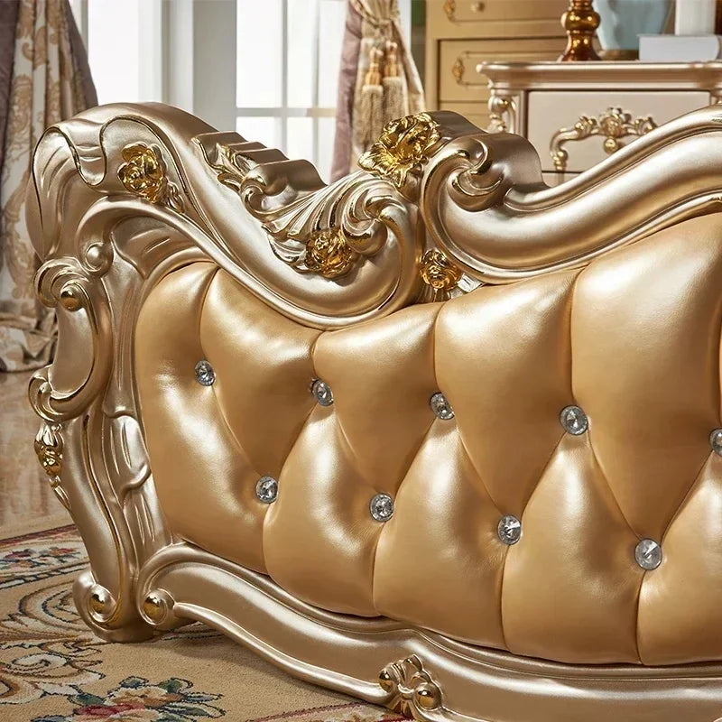 Luxury Gold Double Bed King Size Solid Wood Bedroom Set for Adults, Modern Princess Design Comfort Mattress