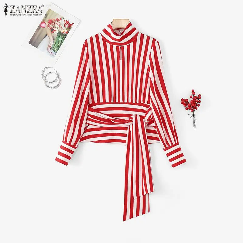ZANZEA Women Stylish Tie Waist Striped Blouses 2025 Autumn Fashion Long Sleeve Cutout Turtleneck Tops Woman Clothing Streetwear