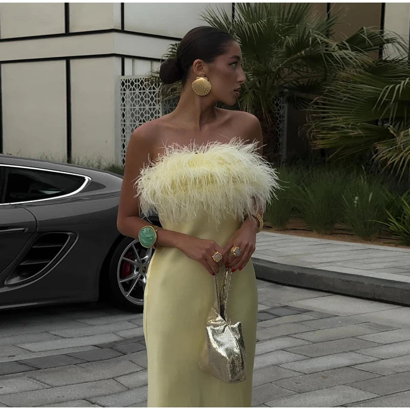 Women's Feather Strapless Dress Fashionable Sleeveless Backless Satin High Waisted Dresses 2026 Party Banquet Women's Gown