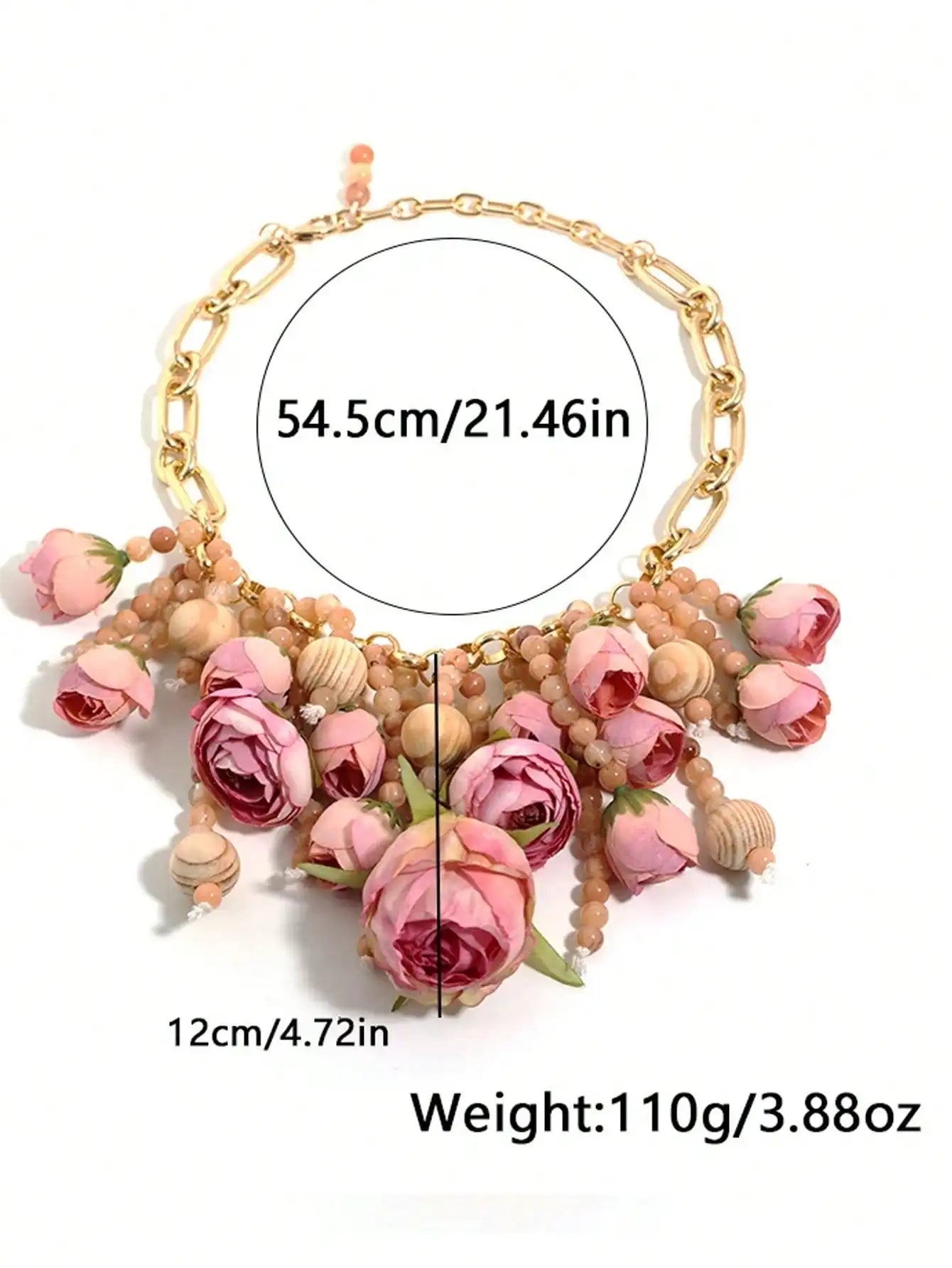 Summer Pink Floral Statement Necklace Handmade Fabric Rose Wood Bead Gold Chain Beach Vacation Jewelry