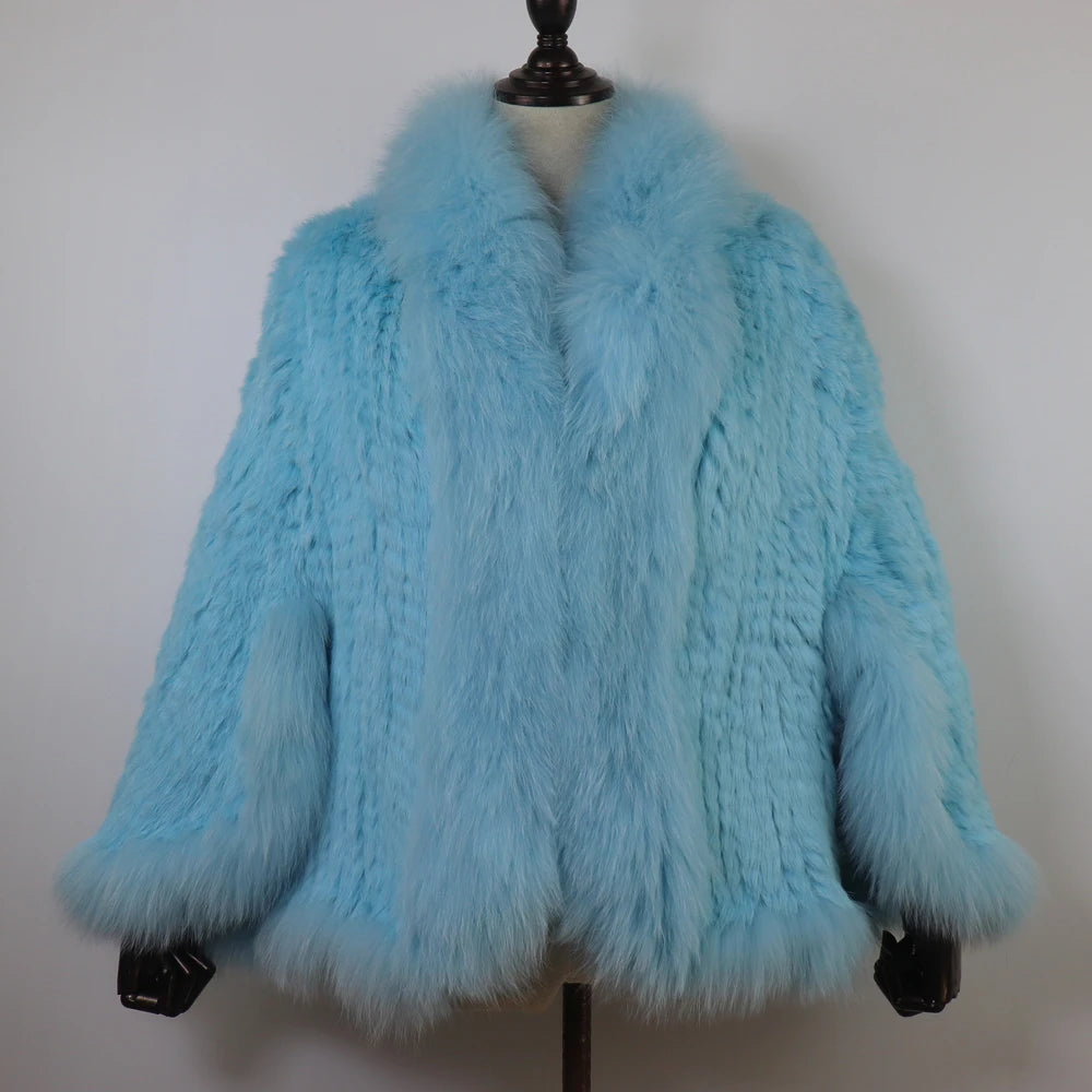 Hot Women Knitted 100% Real Rabbit Fur Shawl Winter Warm Genuine Rabbit Fur Pashmina Coat With Fox Fur Collar For Female Fashion