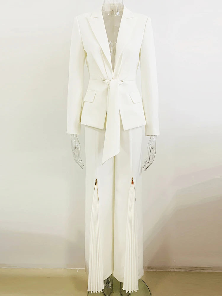 HIGH QUALITY Newest Fashion 2022 Designer Suit Set Women's Lacing Belt Blazer Pleated Zip Pants Set 2pcs Set