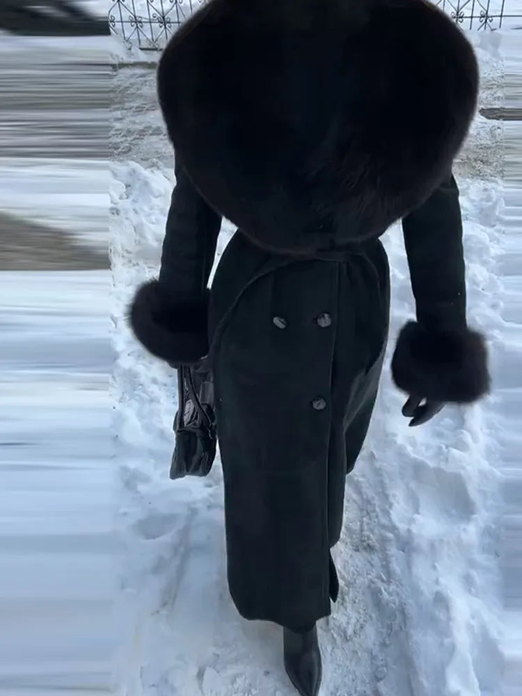 Fur Collar Coats For Woman Belt Long Jackets Winter Outwear Vintage Black Coat Double Breasted Tops Warmed Casual Lady Clothes