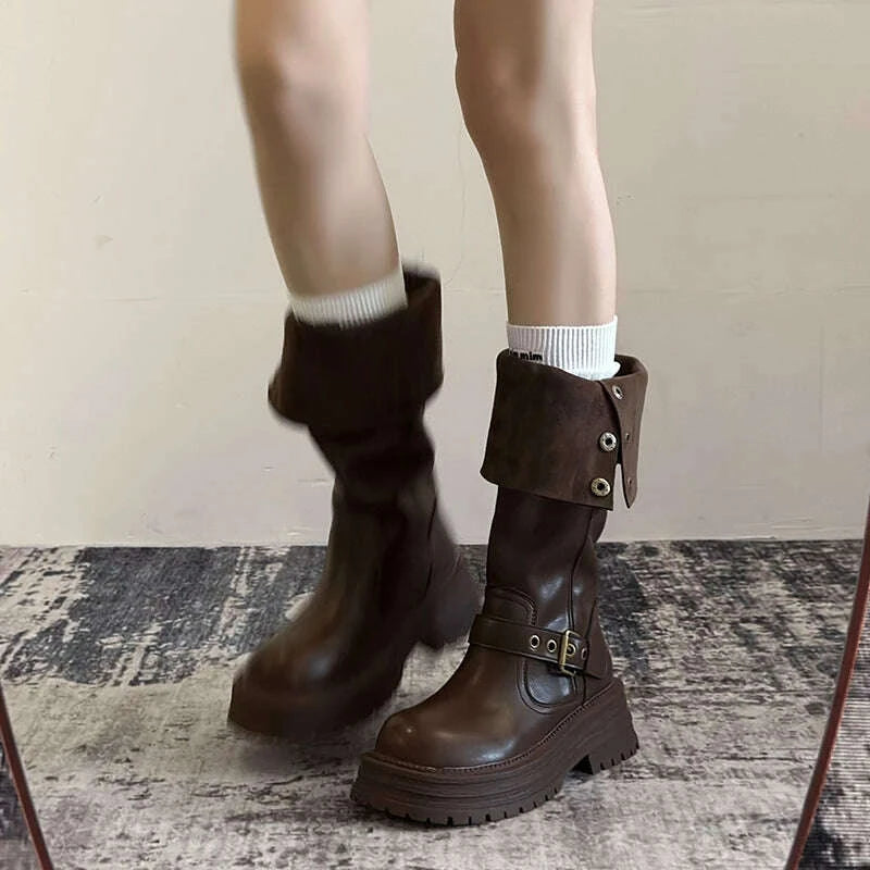 KIMLUD, Winter Vintage Platform Thick Sole Woman Knight High Boots Concise Belt Buckle Front zipper Shoes Ladies Slim Modern Long Botas, KIMLUD Womens Clothes