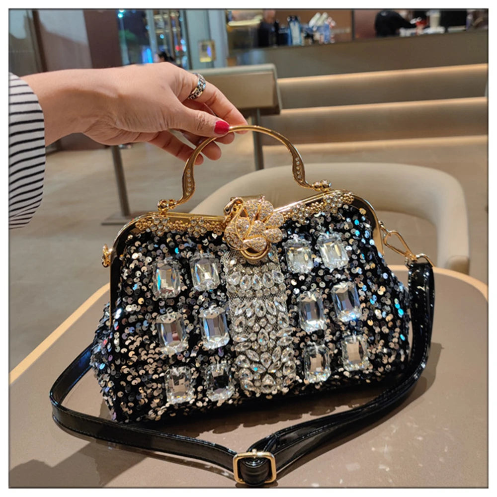 Leather Crystal Sequin Buckle Handbag — Black | KIMLUD