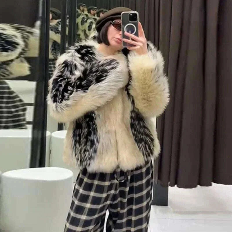 KIMLUD, Stylish Contrast Faux Fur Women Coat Elegant O-neck Single Breasted Full Sleeve Female Coats 2025 Winter Chic Lady Jacket, KIMLUD Womens Clothes