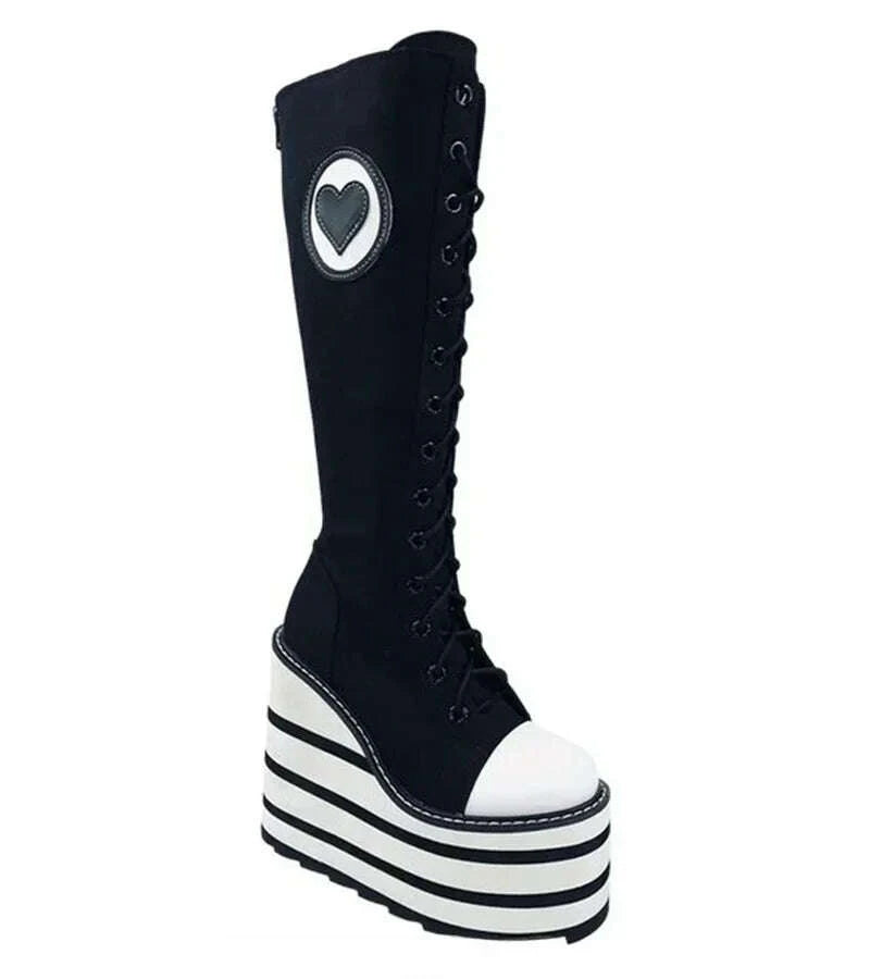 KIMLUD, Canvas red Check Platform Knee high Boots Women Metal Chain Round Toe Wedges Cross Tied Lolita Heighten Shoes Lovely Sexy Boots, KIMLUD Womens Clothes