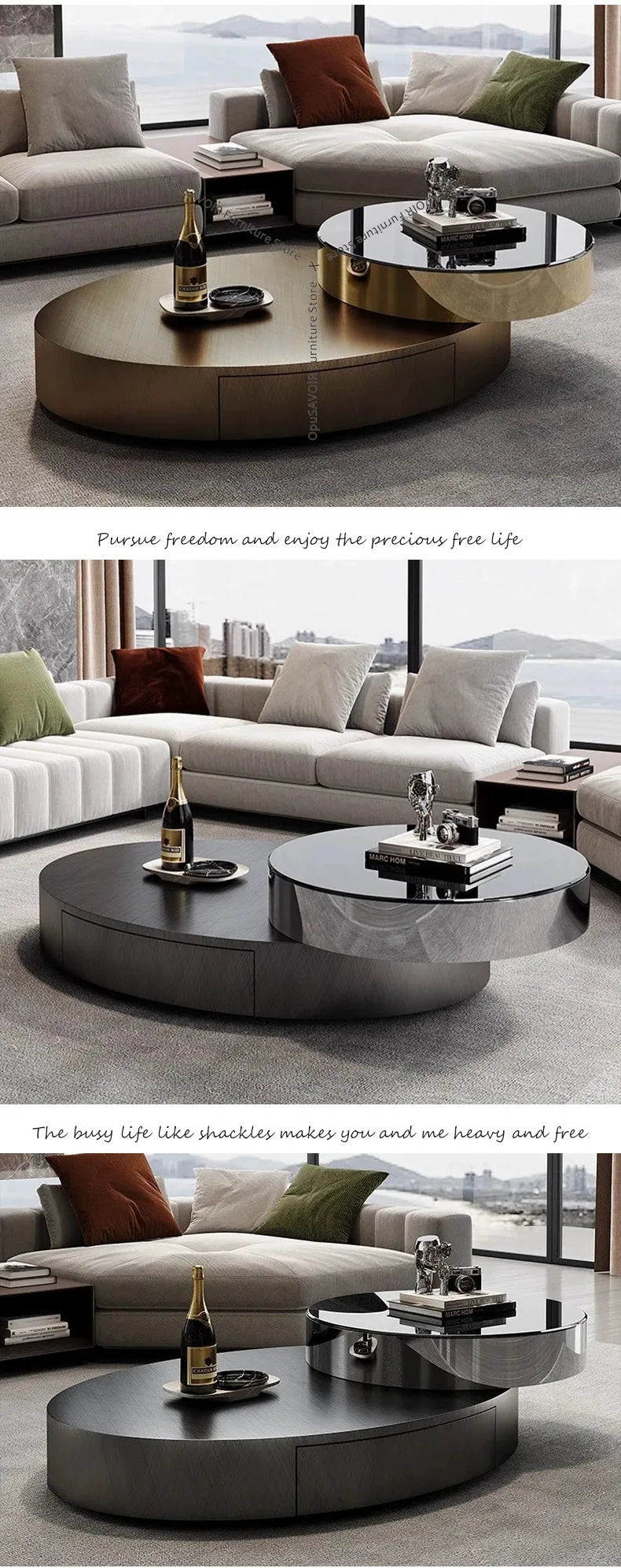 Italian Luxury Coffee Tables Oval Rotating Center — Champagne Gold | KIMLUD