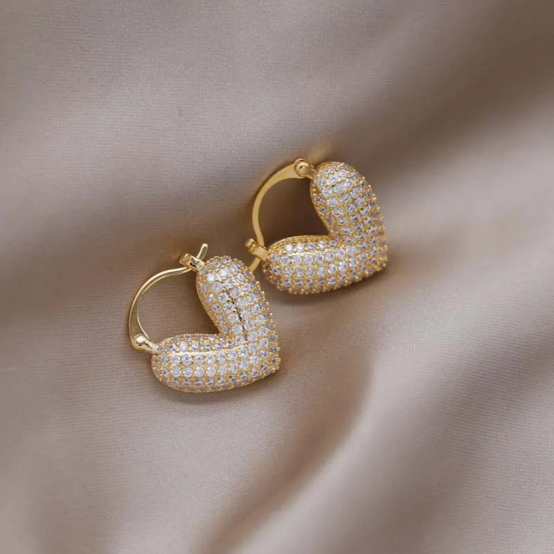 Gold-Tone Zircon Hoop Earrings Heartbeat Motif With Brilliant Crystals — Gold | KIMLUD