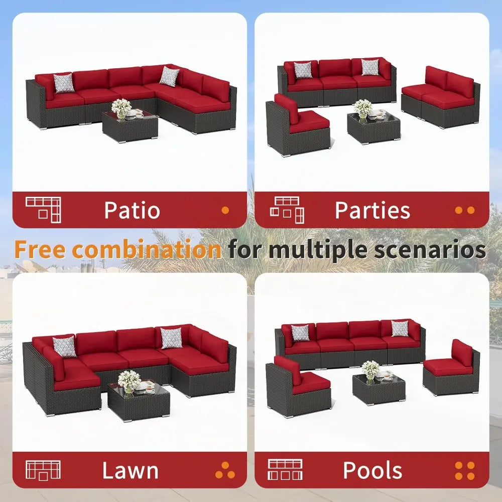 Rattan Outdoor Sofa Set 7-Piece With Glass Top Table — Red | KIMLUD