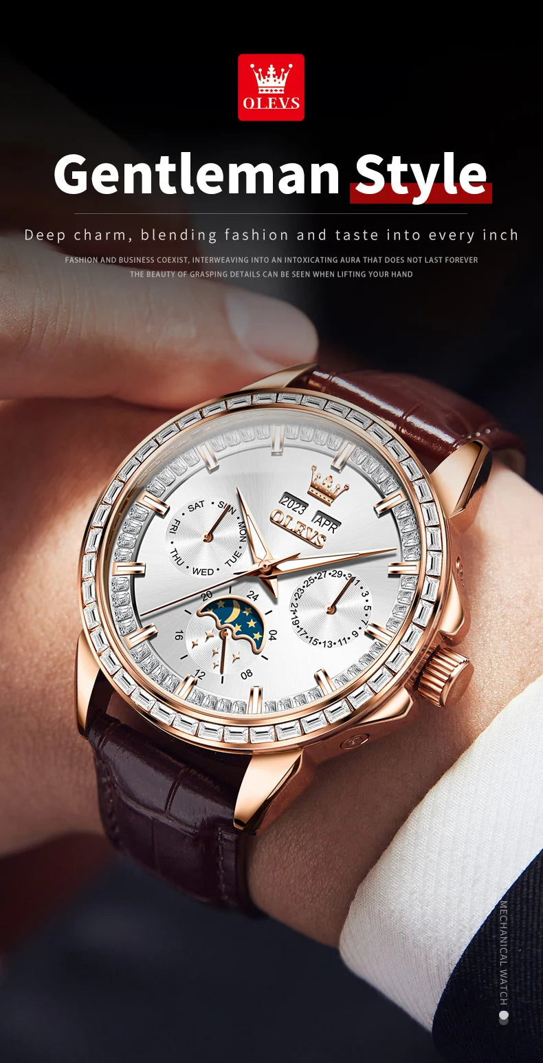 Moon Phase Leather Luxury Watch Diamond Bezel With Automatic Movement 41mm Case — Blue | KIMLUD
