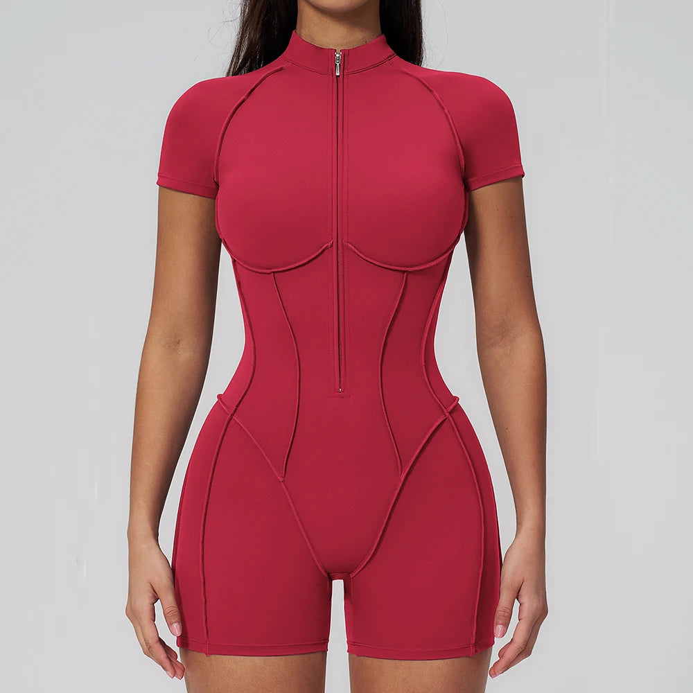 2026 Yoga Bodysuit Short Sleeves Women Tracksuits Gym Zipper Jumpsuits Sports Workout Rompers Fitness One-piece Suit Activewear
