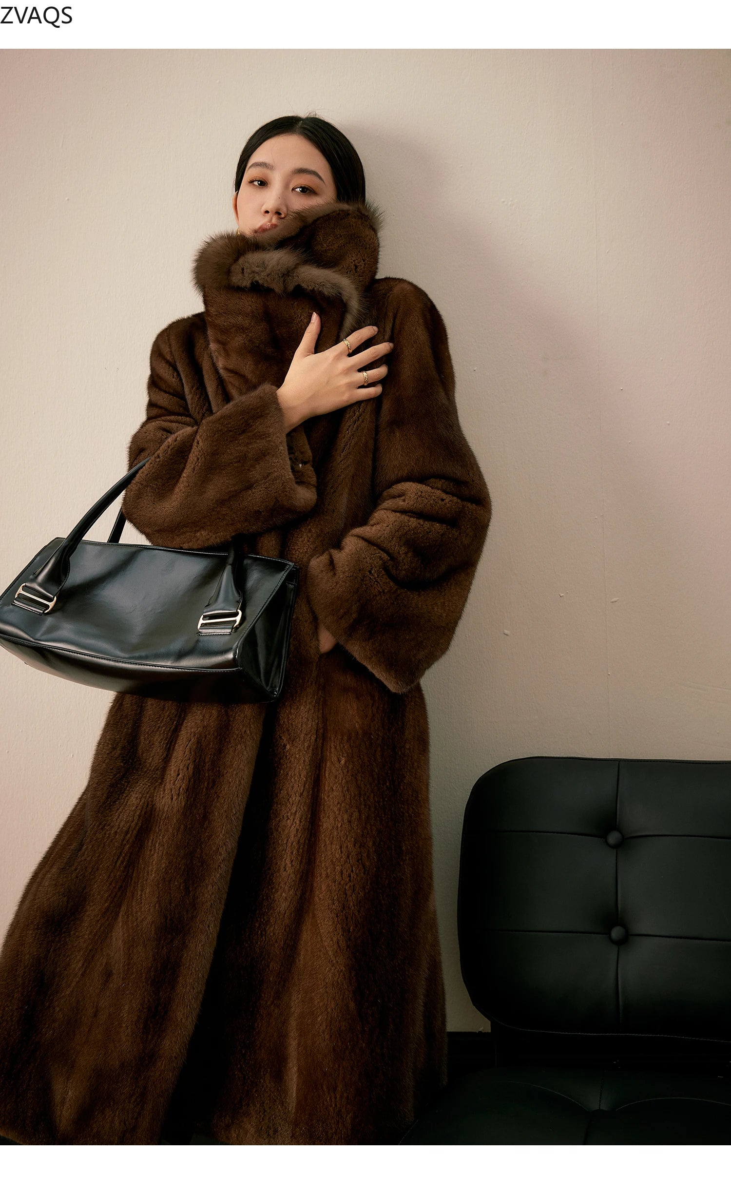 ZVAQS Natural Coffee Mink Fur Coat Women Fashion Long Fur Jacket Winter Luxury Clothes Old Money Style Outerwears 2024 Fourrure