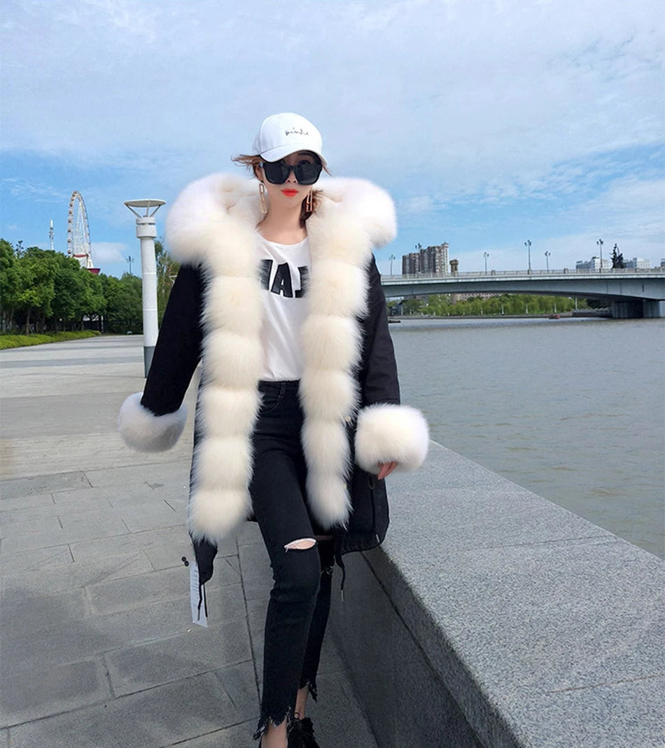 Maomaokong Winter Women Luxur Beige Fur Coat Natural Real Fox Fur Waterproof Jacket Hooded Thick Warm Fashion Long Black Parkas